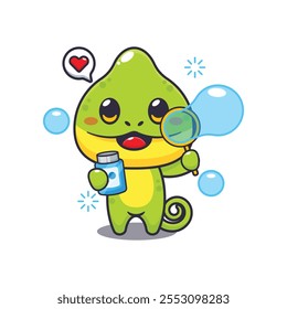 Chameleon blowing bubbles cartoon vector illustration. cartoon vector illustration design element suitable for poster, brochure, web, mascot, sticker, logo and icon.