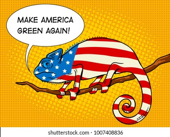 Chameleon body colored in American flag pop art retro vector illustration. USA symbol metaphor. Text bubble. Color background. Comic book style imitation.