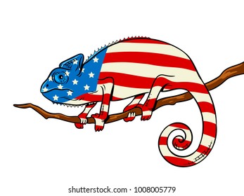 Chameleon body colored in American flag pop art retro vector illustration. USA symbol metaphor. Isolated image on white background. Comic book style imitation.