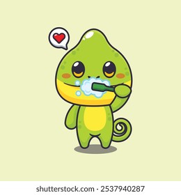 Camaleão escovando dentes desenho animado vetor ilustração. elemento de design adequado para cartaz, brochura, web, mascote, adesivo, logotipo e ícone.
