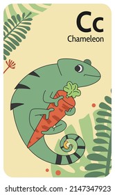 Chameleon C letter. A-Z Alphabet collection with cute cartoon animals in 2D. Chameleon holding carrot and looking at camera curiously. Green chameleon is smiling. Hand-drawn funny simple style.