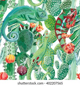 chameleon and cactus seamless background, Vector version