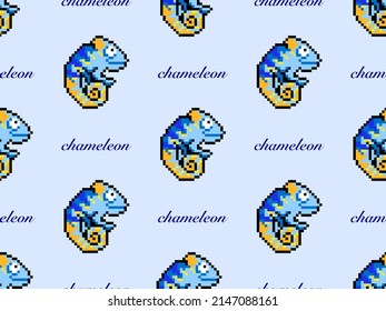 Chameleon cartoon character seamless pattern on blue background.Pixel style