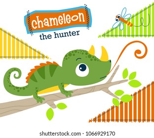 Chameleon cartoon hunting a dragonfly. Vector cartoon illustration