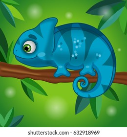 Chameleon Character with Background, Cartoon, Hand Drawn Vector Illustration EPS 10