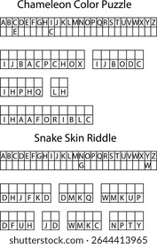Chameleon Color Puzzleand Snake Skin Riddle Letter Grids Alphabetical Games vector