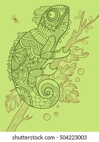 Chameleon coloring book for adults vector illustration. Anti-stress coloring for adult. Tattoo stencil. Zentangle style. Black and white lines. Lace pattern