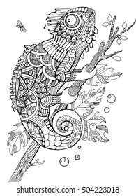 Chameleon coloring book for adults vector illustration. Anti-stress coloring for adult. Tattoo stencil. Zentangle style. Black and white lines. Lace pattern