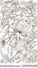 Chameleon coloring book for children animals nature hand drawn print on a white background separately tropics leaves flowers vines graphics lines