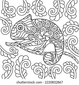 Chameleon. Coloring book page. Hand drawn square composition, vector doodle illustration.