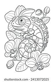 Chameleon coloring page. Chameleon and orchids vector. Animals outline