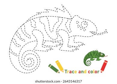 Página de coloração de camaleão, traçado para crianças. Ilustração vetorial de réptil africano para impressão, prática de escrita
