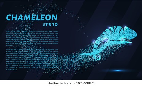 Chameleon consists of particles. Chameleon consists of dots and circles. Blue chameleon on a dark background.