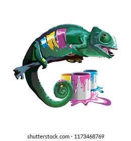 Chameleon. Containers with violet, yellow, blue paint. Vector illustration.