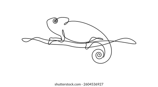 Chameleon in continuous line art drawing style. Minimalist black linear sketch isolated on white background. Animal vector illustration
