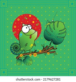 Chameleon and cricket insect cartoon. Vector lizard and cricket insect standing on a tree trunk, decorated with flowers and Monstera leaves over a textured background. Children illustration, design.