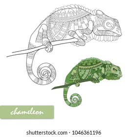 Chameleon with doodle pattern. Coloring page - zendala, design for relaxation for adults, vector illustration, isolated on a white background. vector