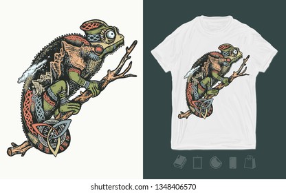 Chameleon double exposure. Print for t-shirts and another, trendy apparel design. Symbol, tropical adventure, great outdoor, mountains. Chameleon lizard on a branch silhouette 