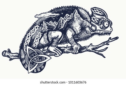 Chameleon double exposure tattoo art. Tourism symbol, tropical adventure, great outdoor, mountains. Chameleon lizard on a branch silhouette t-shirt design