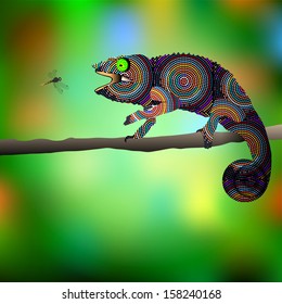 Chameleon and dragonfly. Vector illustration