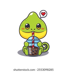 Chameleon drink boba milk tea cartoon vector illustration. cartoon vector illustration design element suitable for poster, brochure, web, mascot, sticker, logo and icon.