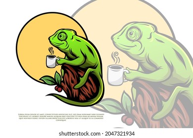 A chameleon drink coffee illustration