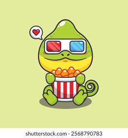 Chameleon eating popcorn and watch 3d movie cartoon vector illustration. Vector cartoon Illustration suitable for poster, brochure, web, mascot, sticker, logo and icon.