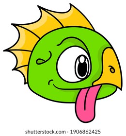 chameleon emoticon head with cute face sticking out its tongue. Doodle kawaii style drawing. Vector art illustration.