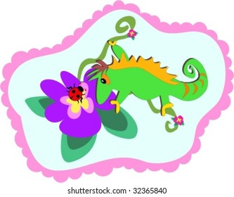 Chameleon and Flower Framed Vector