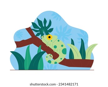 Chameleon is in the forest, resting on a tree trunk, jungle vector illustration.