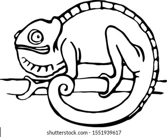 a chameleon in the form of a circle sits on a branch vector illustration with black contour lines isolated on a white background in hand drawn style