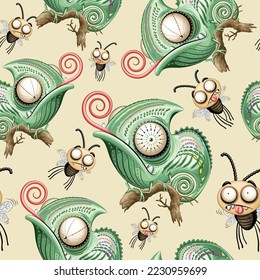 Chameleon Funny Cartoon Charakter mit Blick auf verwirrte Fliegen Vectorless Repeat Textile Muster