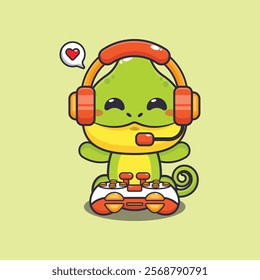 Chameleon gamer cartoon vector illustration. Vector cartoon Illustration suitable for poster, brochure, web, mascot, sticker, logo and icon.