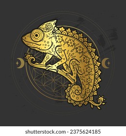 Chameleon Golden. Animal Vector illustration Ornamental flower in Zen boho style. Retro Magic drawing with sacred geometry