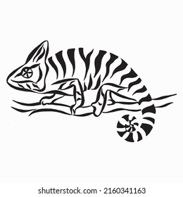 Chameleon graphic icon. Monochrome tribal tattoo illustration with chameleon silhouette on white background. Linear drawing. Tattoo design.