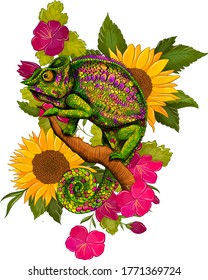 chameleon green on a background of sunflowers composition vector illustration color