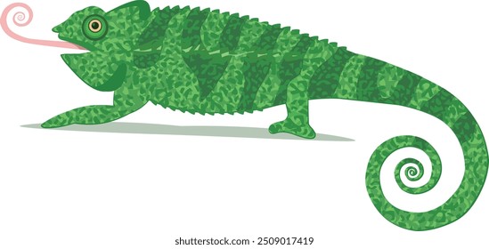 Chameleon with green skin. lizard with curvy tail.