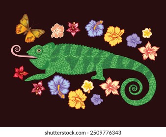 Chameleon with green skin. lizard with curvy tail.