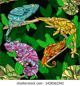 chameleon hand drawn jungle seamless pattern green