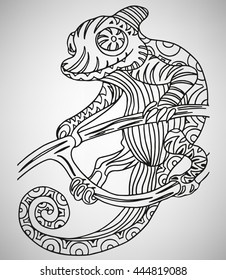 Chameleon. Hand-drawn with ethnic pattern. Coloring page - isolated on a white background. Zendoodle patterns. Vector illustration.