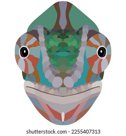 Chameleon head. The portrait of a multicolored lizard is depicted on a white background. Vector graphics.