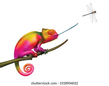 Chameleon hunting for flying dragonfly colorful realistic vector illustration on white background