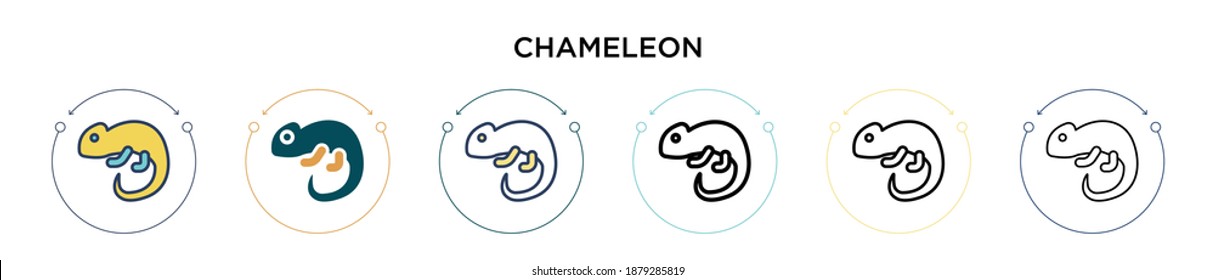 Chameleon icon in filled, thin line, outline and stroke style. Vector illustration of two colored and black chameleon vector icons designs can be used for mobile, ui, web