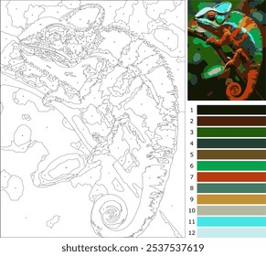 Ilustração de camaleão, colorindo página por número para adulto
