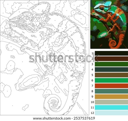 Chameleon illustration, coloring page by number for adult
