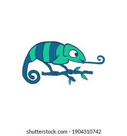 Chameleon isolated on white background. Cute cartoon character green chameleon. Hand drawn illustration. Vector doodle sketch for children, kids, baby. Childrens picture for packaging, textiles fabric