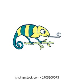 Chameleon isolated on white background. Cute cartoon character color chameleon. Hand drawn illustration. Vector doodle sketch for children, kids, baby. Childrens picture for packaging, textiles fabric