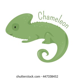 Chameleon isolated on white. Chamaeleons family Chamaeleonidae. Clade of old world lizards. Part of series of cartoon savannah animal species. Sticker for kids. Child fun pattern icon. Vector