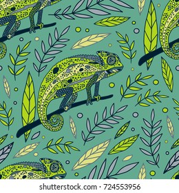 Chameleon and leaves vector seamless pattern.