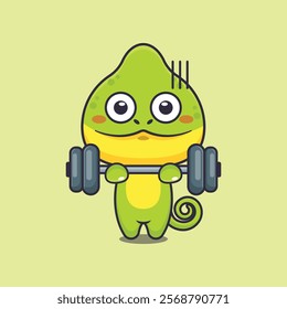 Chameleon lifting barbell cartoon vector illustration. Vector cartoon Illustration suitable for poster, brochure, web, mascot, sticker, logo and icon.